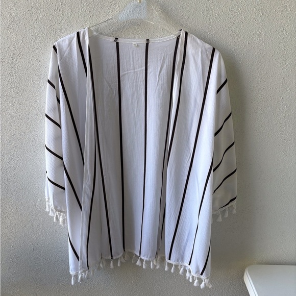 Kimono White with black stripes 3X Fringe Swim coverup Lightweight - Picture 1 of 6